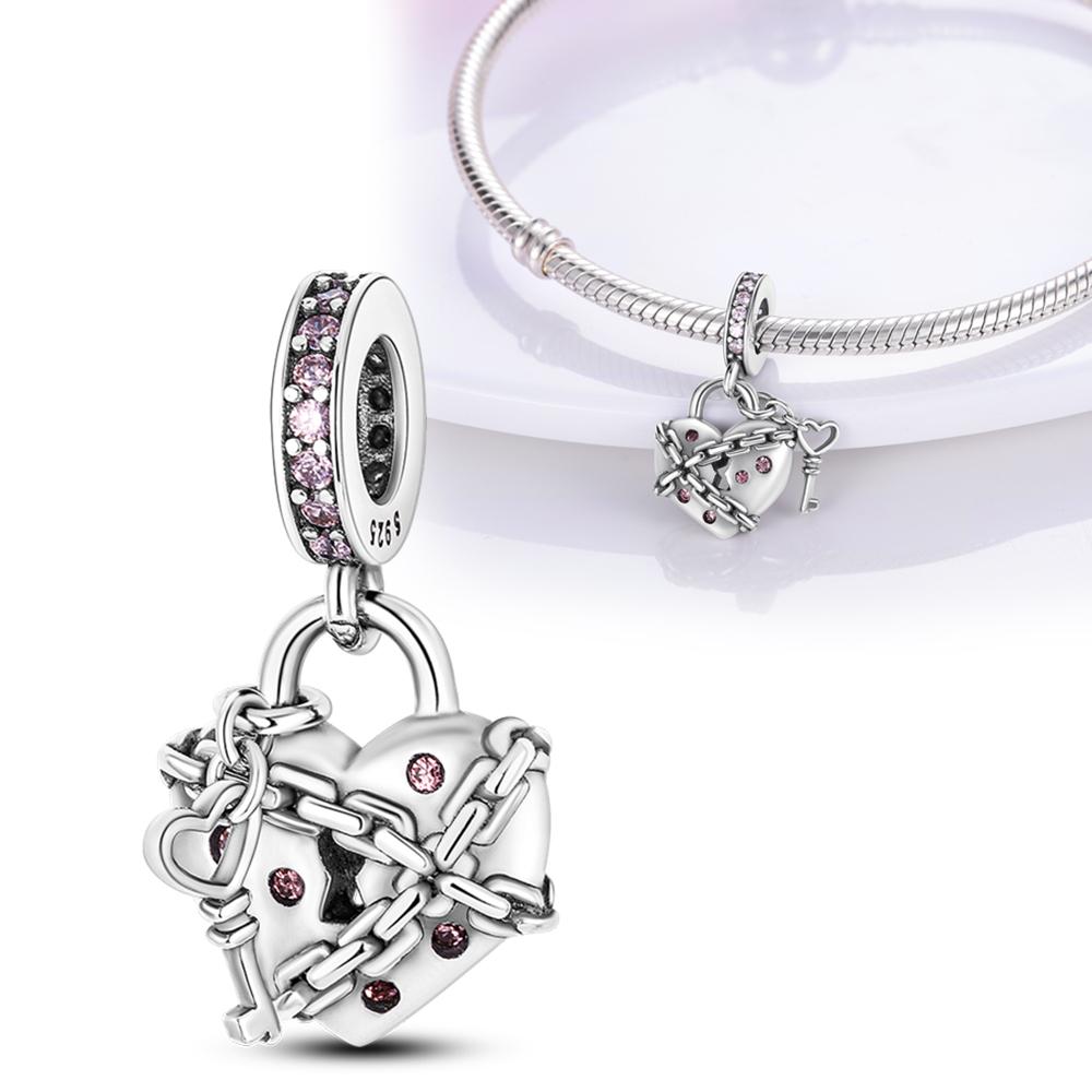 S925 Sterling Silver Key & Lock Heart Pendant Fit Charms Silver S925 Original Bracelet for Jewelry Making
