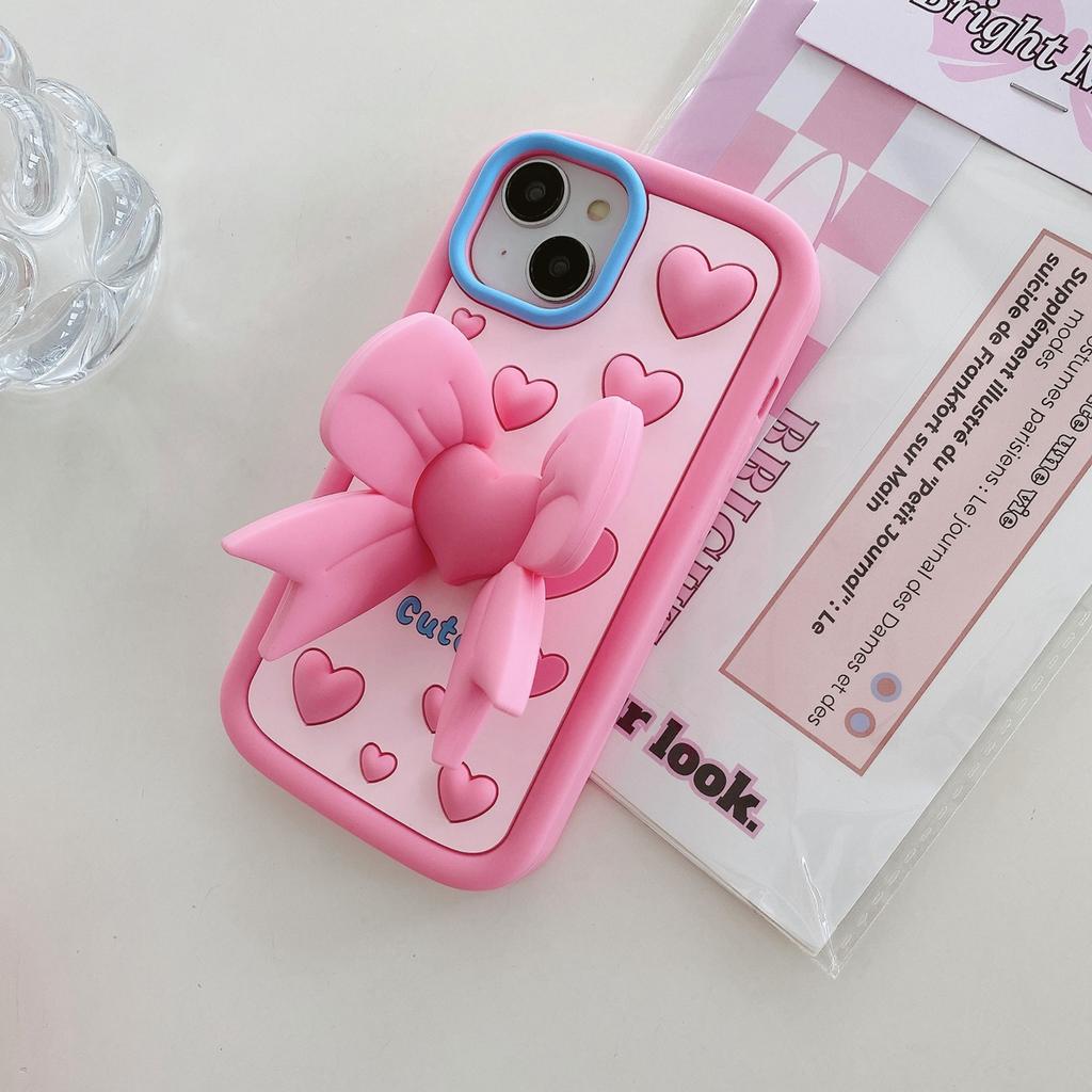 Cute Cartoon 3D Bow-knot Bracket Phone Case for iPhone 11 12 13 14 15 Pro Max 12 Pro 13 Pro 14 Pro Max Anti-drop Soft Silicone Cover