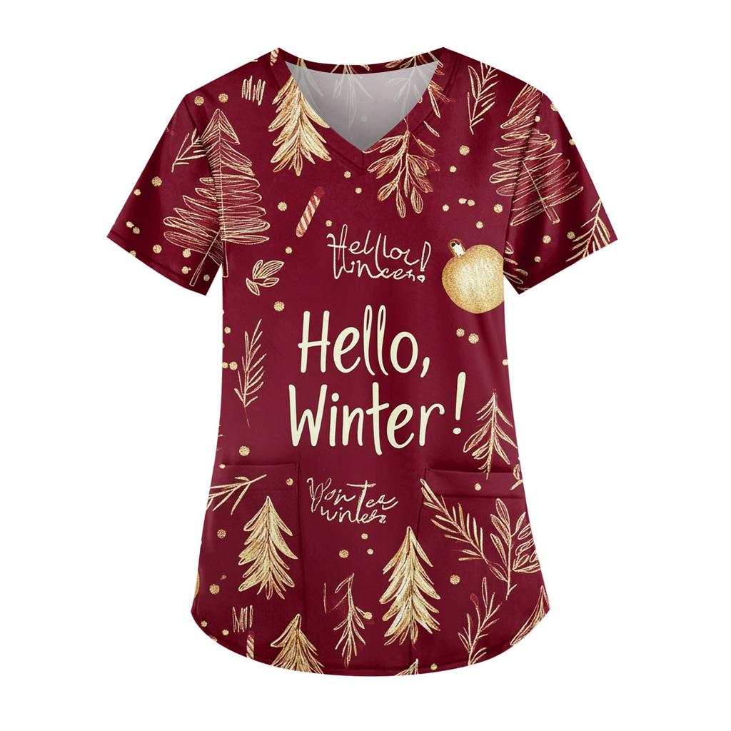 Рабочая форма больших размеров с принтом, топы для женщин, забавные футболки с v-образным вырезом и короткими рукавами, рабочая одежда, футболка с карманами