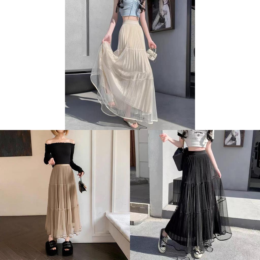 Cotton Blend Mesh Maxi Skirt With Pleats For Summer Casual Women