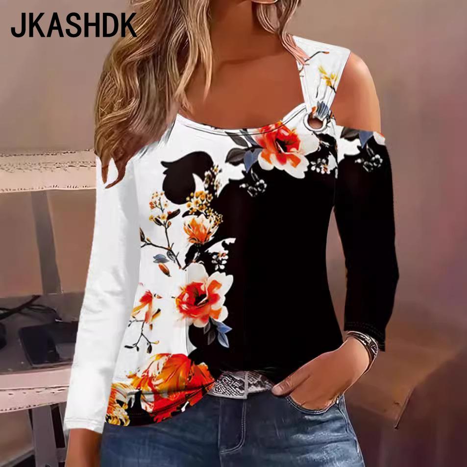 JKASHDK Женские модные повседневные весенне-осенние блузки и рубашки с круглым вырезом и длинными рукавами с цветочным узором и принтом