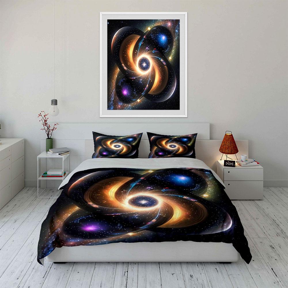 3Pcs Cosmic Galaxy Bedding Set, Spiral Star Portal Print Duvet Cover + 2 Pillowcases, Sci-Fi Space Decor