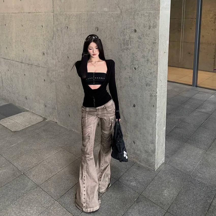 VAYLA Y2k Панк Топ из двух частей Необычный топ с заклепками + Безрукавная майка Уличная одежда Американский Ретро 90-е Черный Топ Футболка E-girls