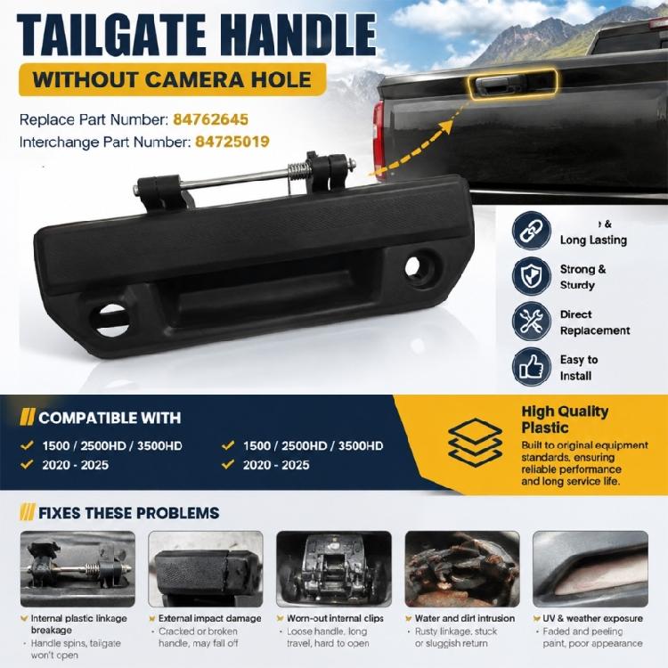 Exterior Rear Gate Handle 84762645 84725019 for 2020-2025 1500, 2500HD, and 3500HD Pickup Models, Mechanical Lock Release Assembly with Visible Spring