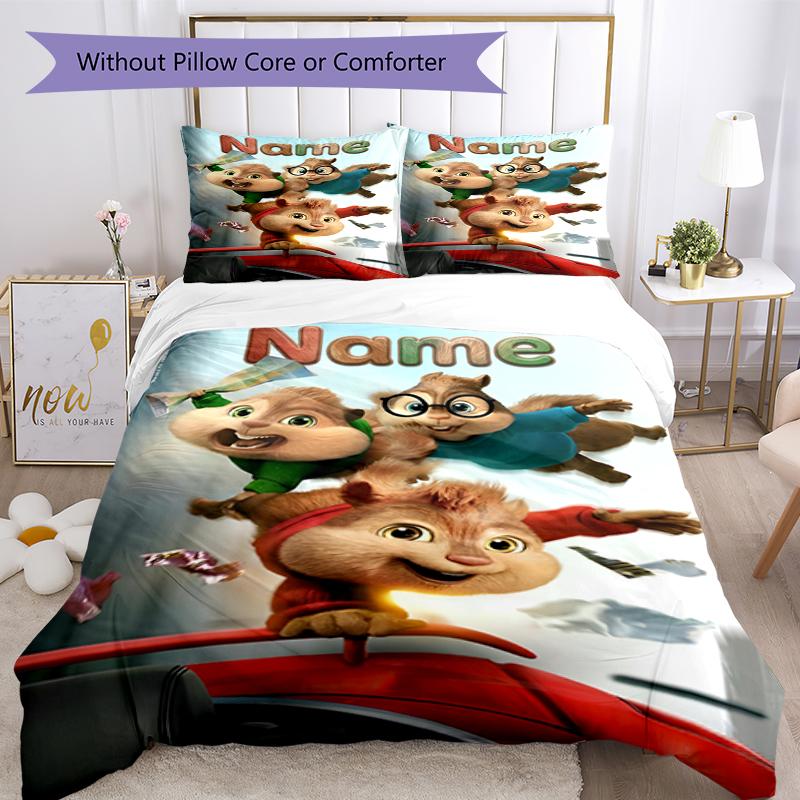 3pcs Custom Name Alvin and the Chipmunks Bedding Set Duvet Cover Closure Includes 1 Duvet Cover & 2 Pillowcases, Soft and Comfortable for All Seasons.