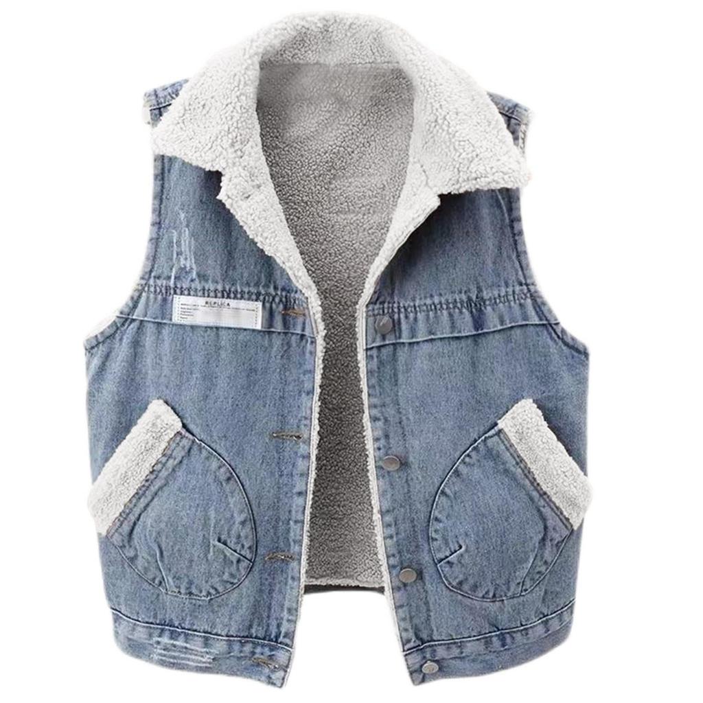 Women's Plush Vest With Sleeveless Lamb Wool And Thickened Fabric, Denim Vest