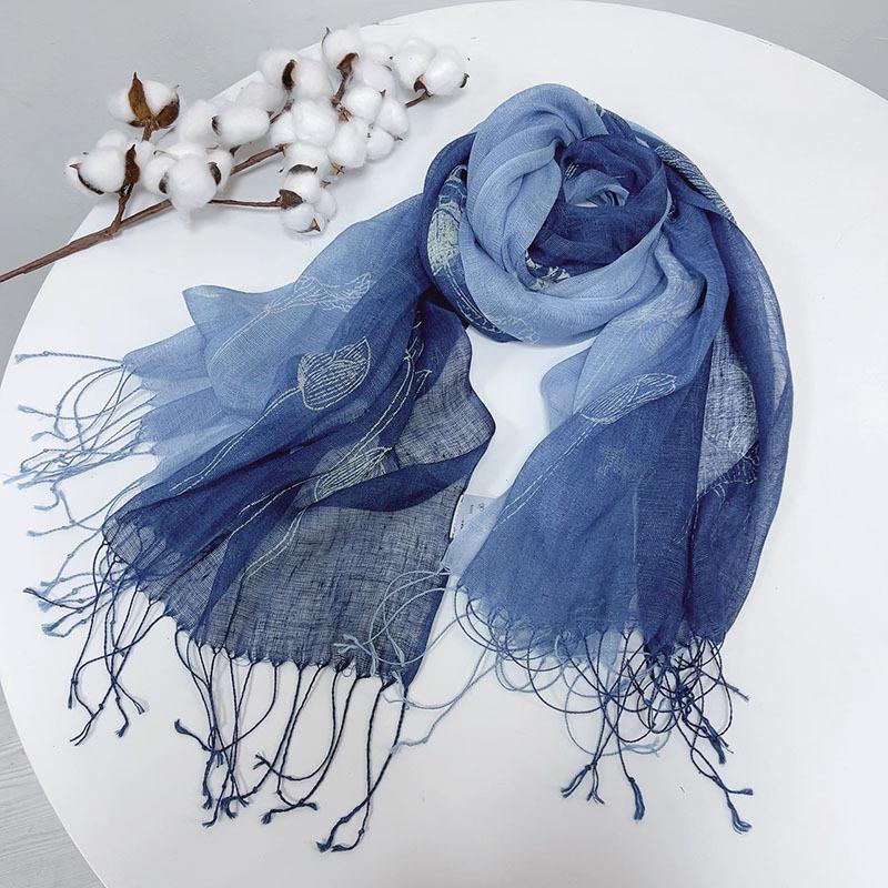 Linen Tie-Dye Scarf Gradual Change Blue Dye Batik Scarf Women'S Style Shawl Fringed Warm Silk Scarf