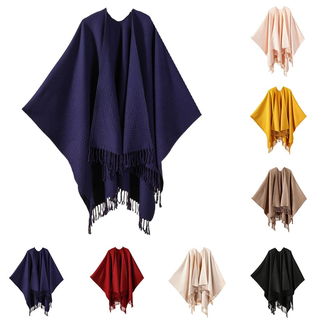 Ladies' Fashionable Single-color Fringed Slit Shawl, Double-sided Three-dimensional Wavy Warm Imitation Cashmere Scarf, Cloak Cardigan