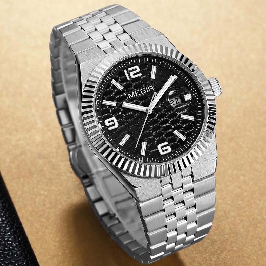 Megir Часы мужские наручные с большим циферблатом, деловые, для отдыха, из нержавеющей стали, водонепроницаемые, люминесцентные, с автодатой, подарок для мужчин, Reloj Hombre 1101
