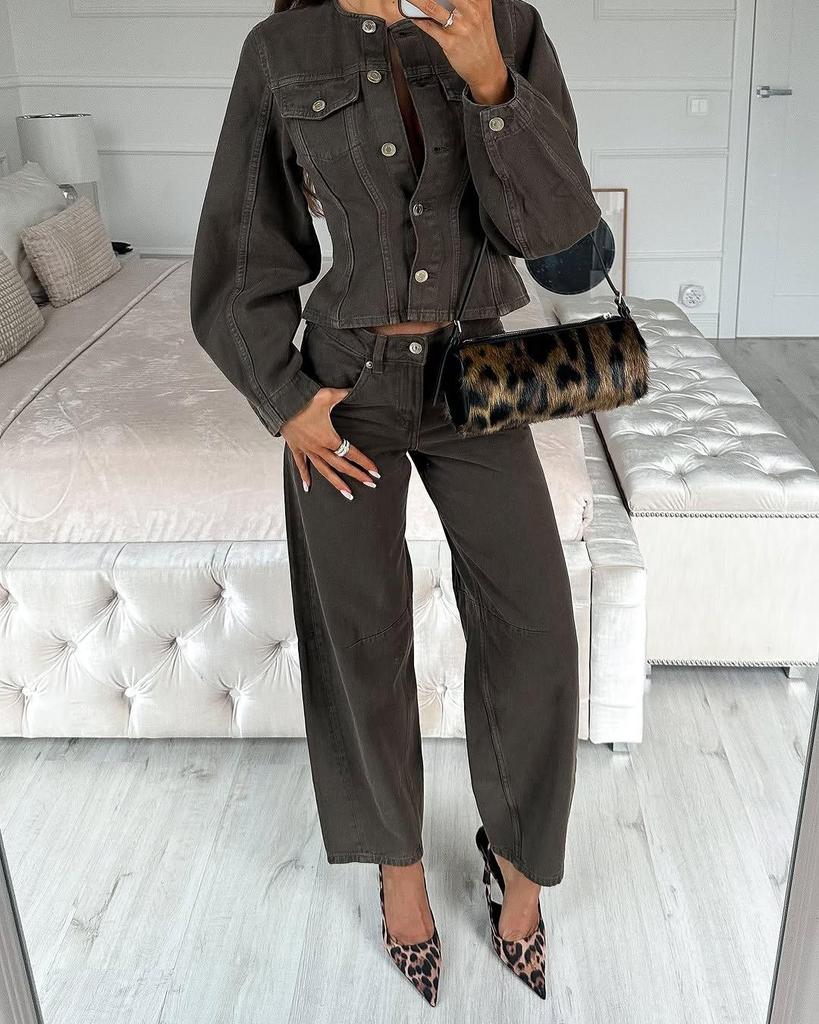 Европейский и американский женский ретро облегающий джинсовый комплект на одной пуговице с брюками широкого кроя - Модный стиль