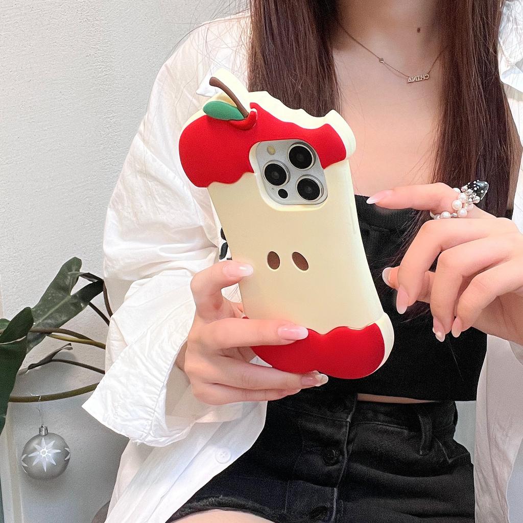 For iPhone 15 Pro Silicone Case Cute Eaten Apple Design Shockproof Phone Back Cover