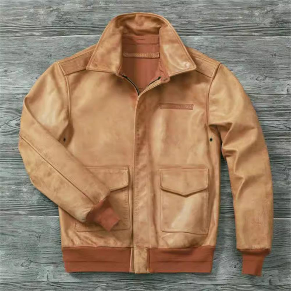 Chinese Size Classic Flight A2 Pilot Jacket Vintage Dirty Yellow Oil Waxed Cowhide Genuine Leather Jacket Men Aviator Jackets Male Coats