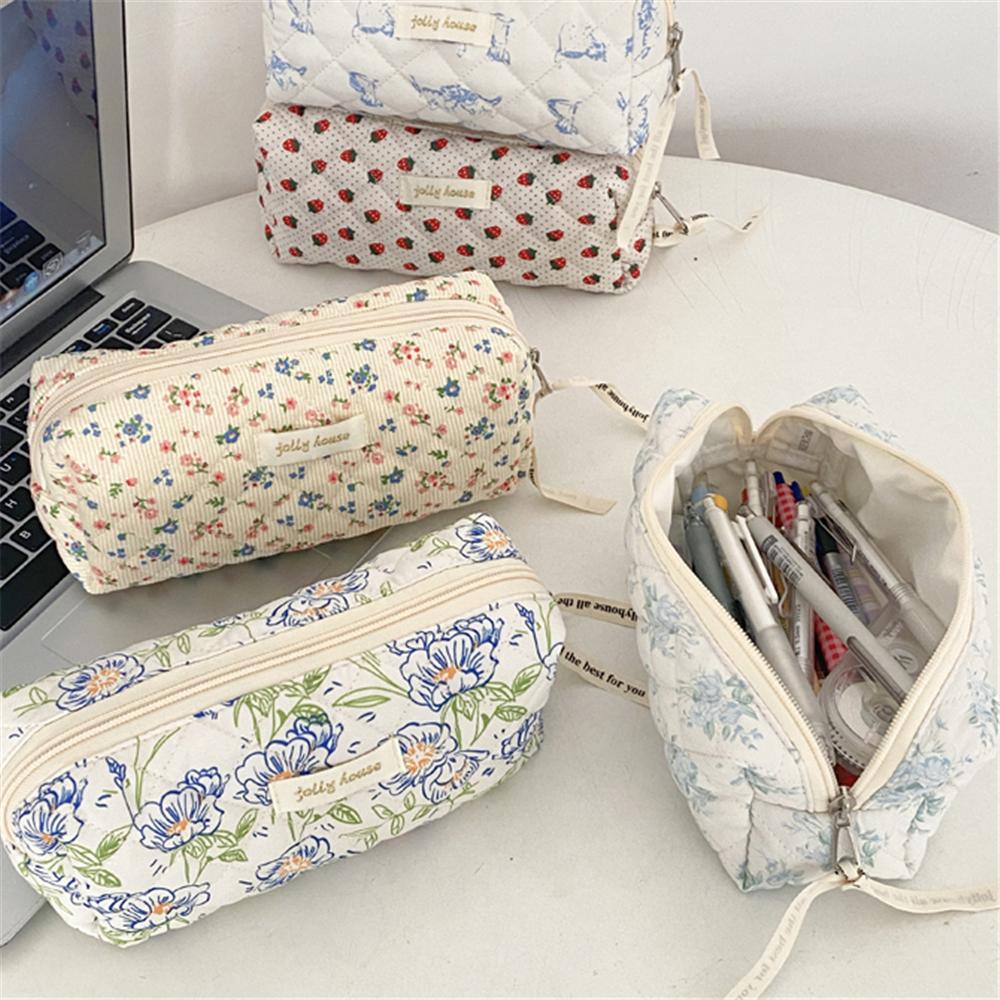 Vintage Fresh Floral Pencil Bags Korean Style Cute Multi-Functional Handbag Student Pencil Cases Stationery Supplies