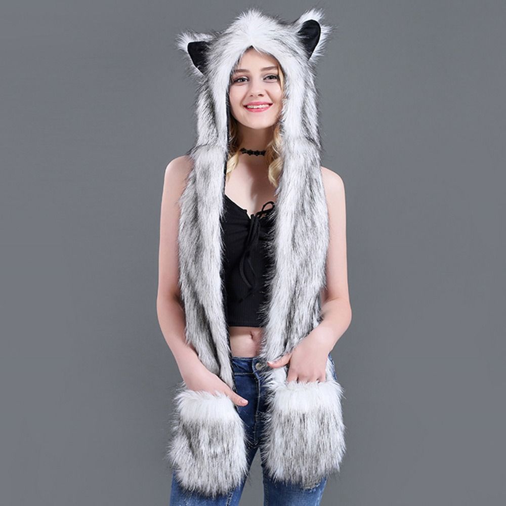 Теплая Теплая Шапка-Ушанка Животное Плюшевая Шапка-Бини Зимняя Шапка с Шарфом Перчатками для Мужчин Женщин