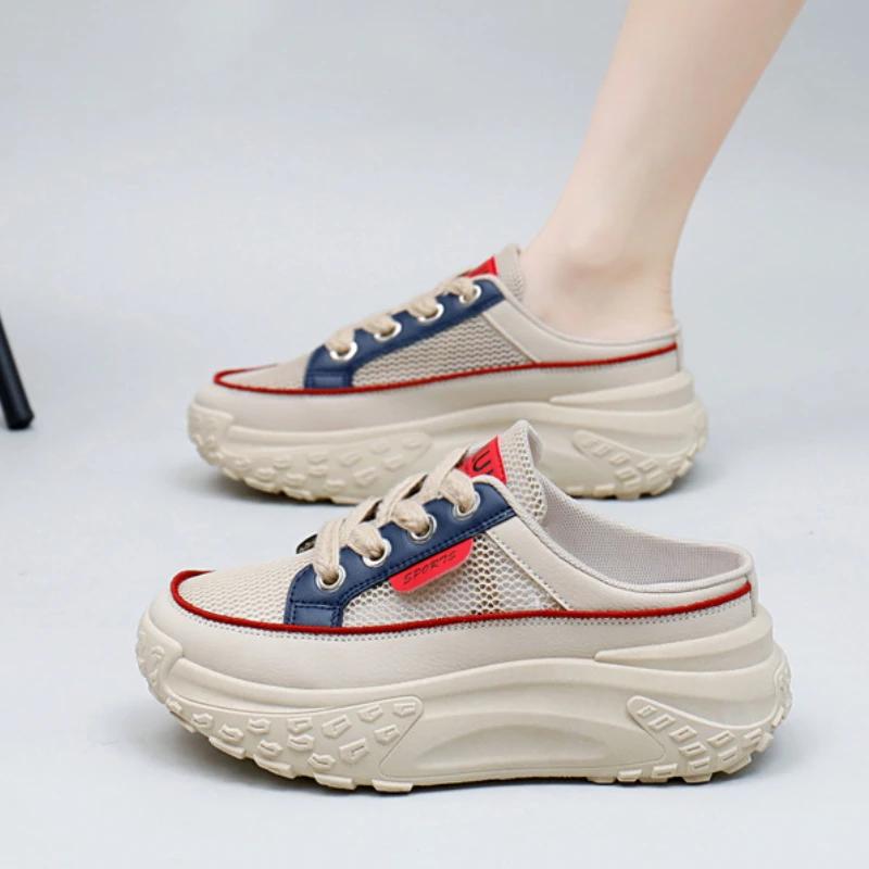 Fashion Thick Soles Increase Mesh Women's Sport Slippers Trend Lace Up Half Slipper Fashion Casual Shoes Female Slides Sneakers 2025New