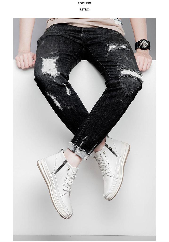 Men's Mid-Top Round Toe Lace-Up Leather Casual Shoes with Height Boost
