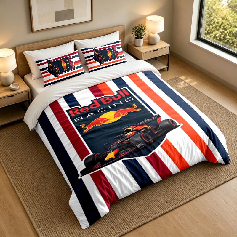 3-Piece Bed Sheet Set with Red Bull Racing Design, 1 Flat Sheet and 2 Pillowcases for Bedroom