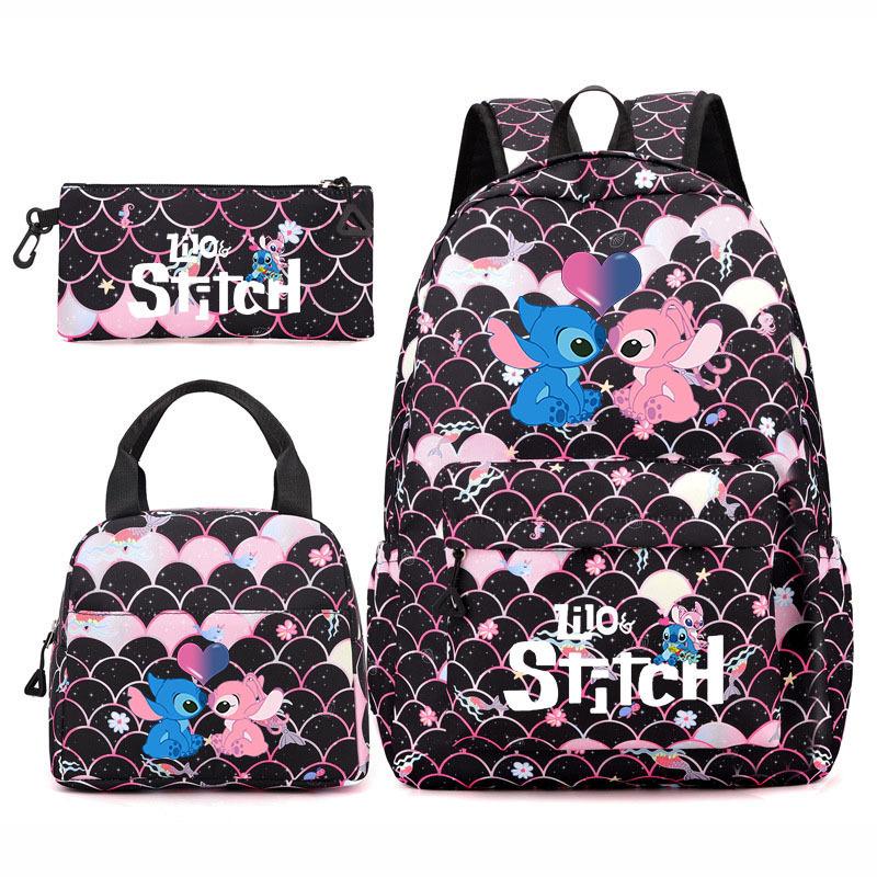 Stitch Student 3-Piece Backpack Set Large Capacity Double Shoulder Bag Cute Cartoon Unisex Durable Waterproof
