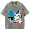 Water Wash Vintage Retro T-shirt Big Eyes Cute Cartoon Cat Print Summer Men's and Women's Loose Short Sleeve