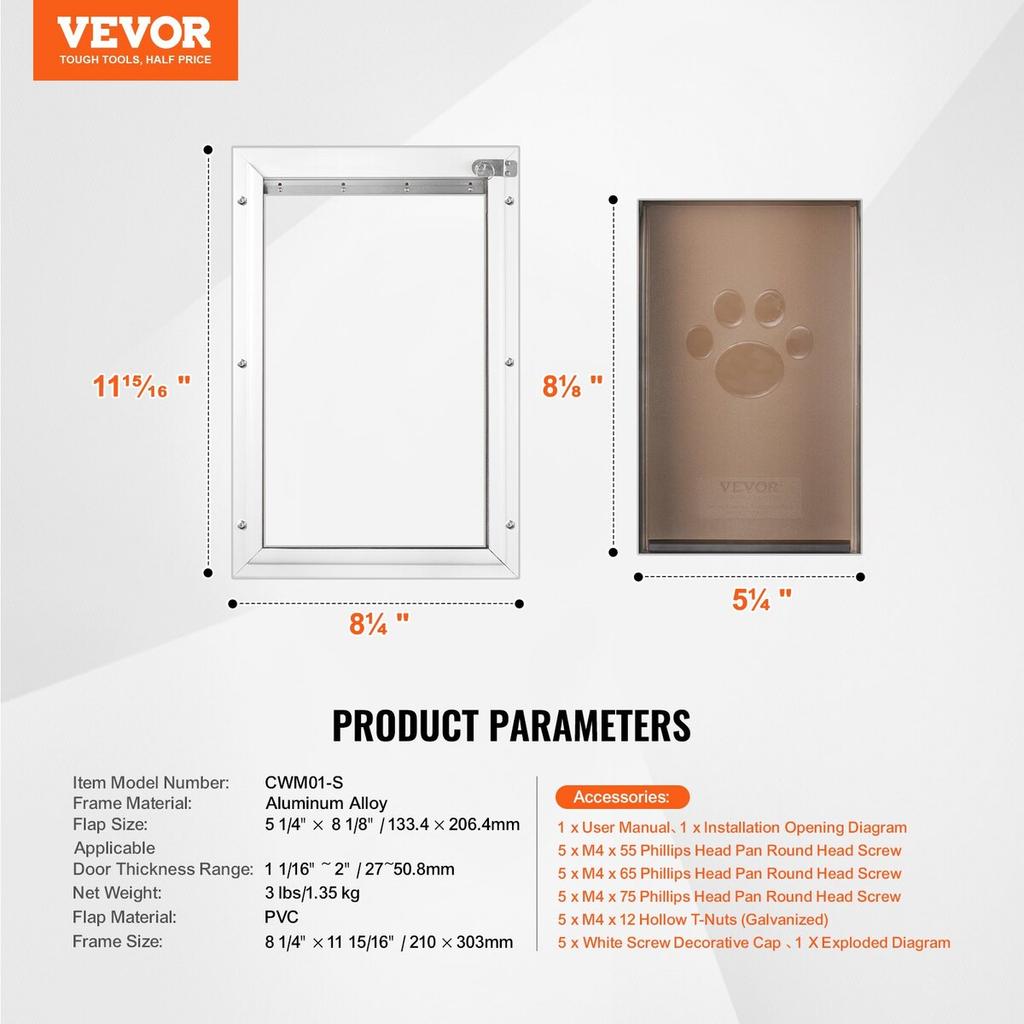 Pet Door for Door with Lock and Magnetic Flap System Aluminum Frame Small