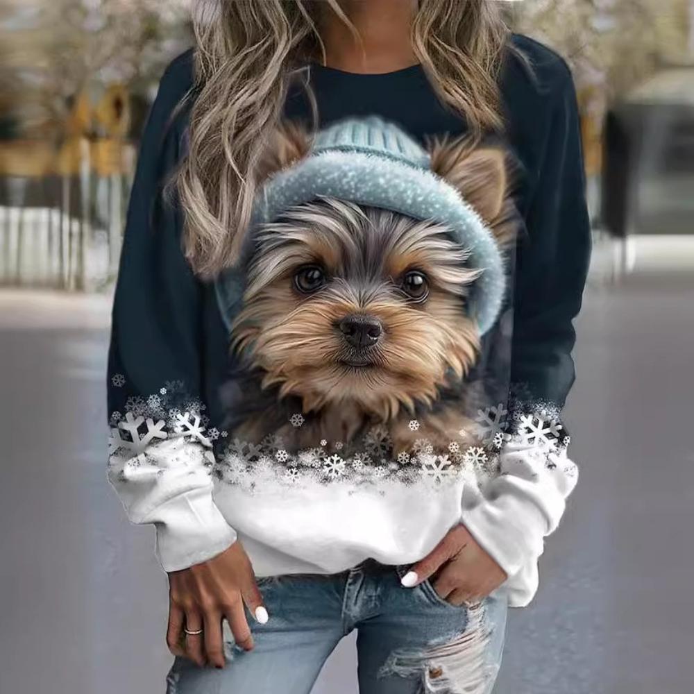 Женская одежда Cross border, горячая распродажа, новый 3D-принт с рождественским кроликом, милый круглый вырез, футболка с длинными рукавами