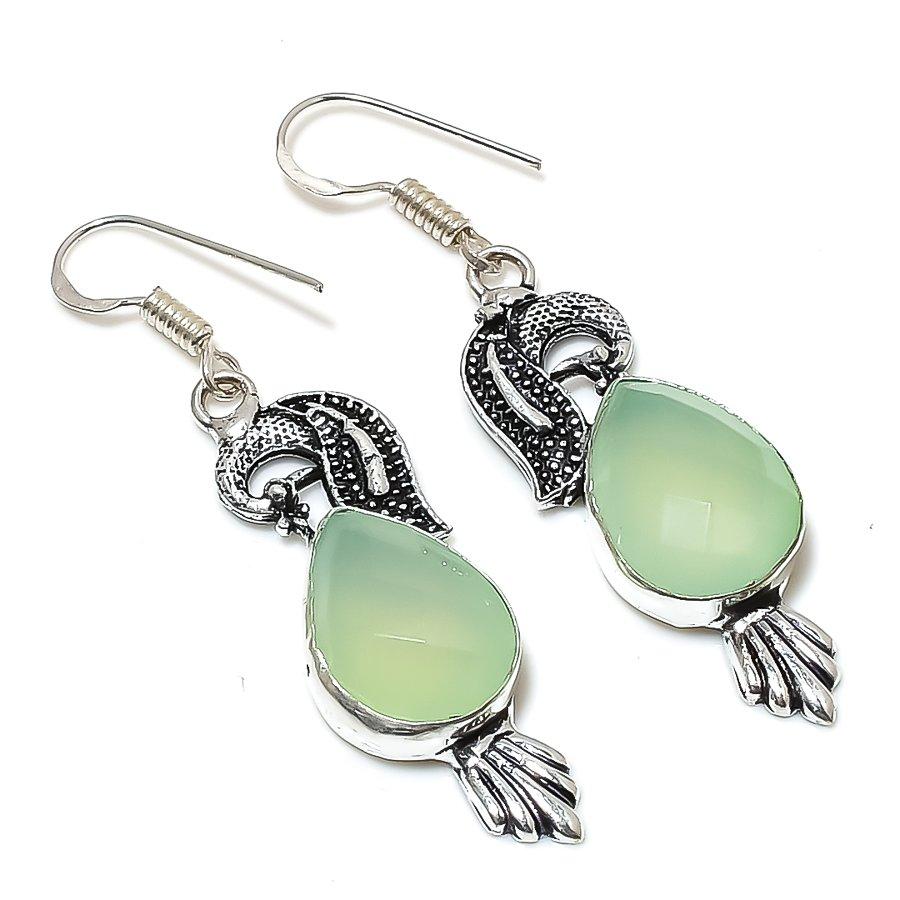 Green Chalcedony Gemstone Handmade 925 Sterling Silver Gift Earring 2.25" s6Z71