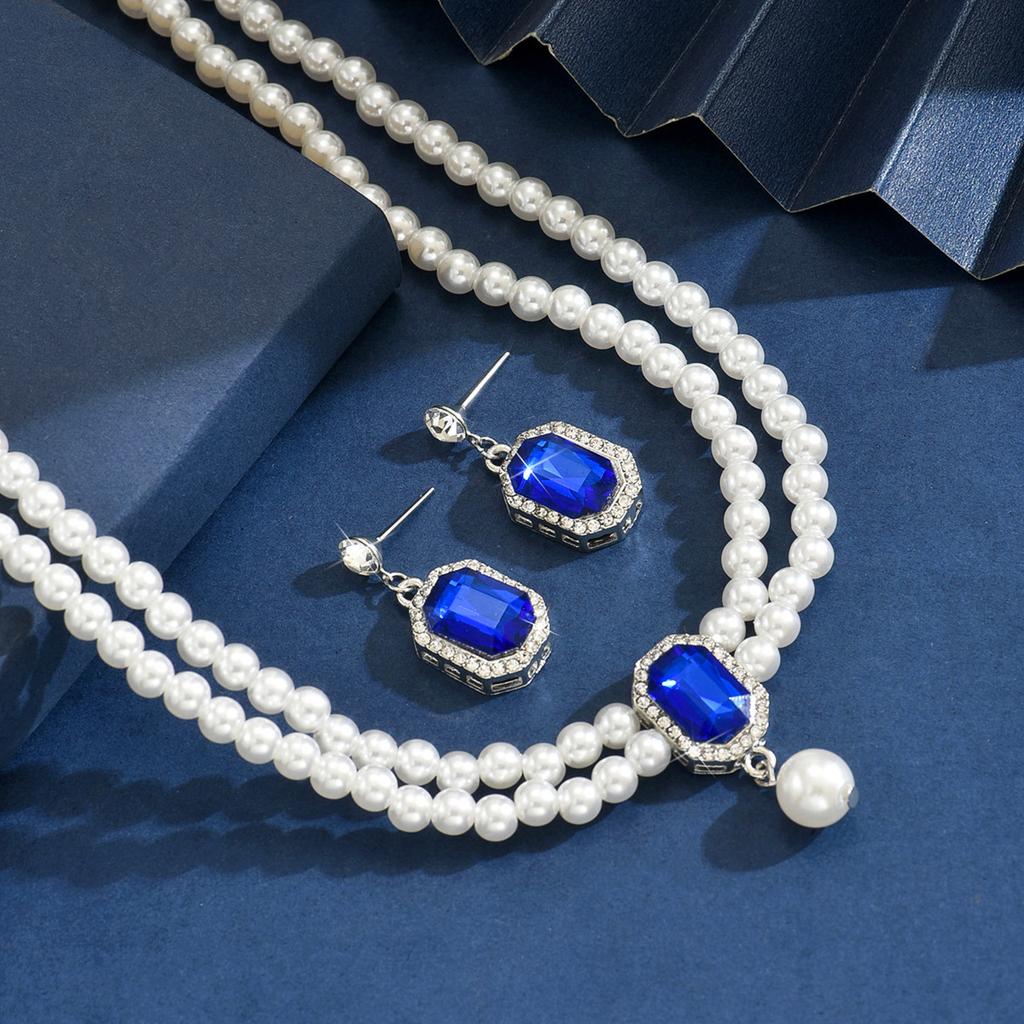 Ladies Two Layer Pearl Shines Oblong Crystal Necklace & Ear Drop Jewelry Set