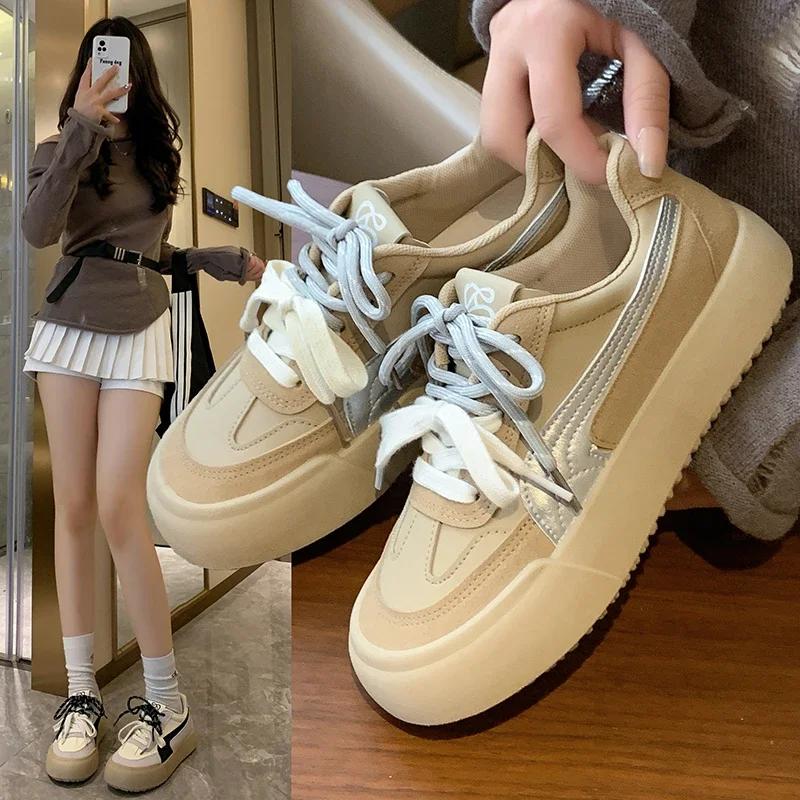 2024 женские кроссовки на толстой подошве, удобная повседневная модная обувь, повседневные низкие теннисные туфли на плоской подошве со шнуровкой для женщин