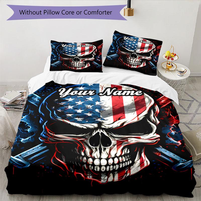 3PC Custom Name American Flag Skull Art Bedding Set Duvet Cover Closure Includes 1 Duvet Cover & 2 Pillowcases for Bedroom