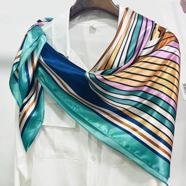 90*90cm Women Geometric Stripes Printed Small Square Scarf Foulard Hijabs For Tourist