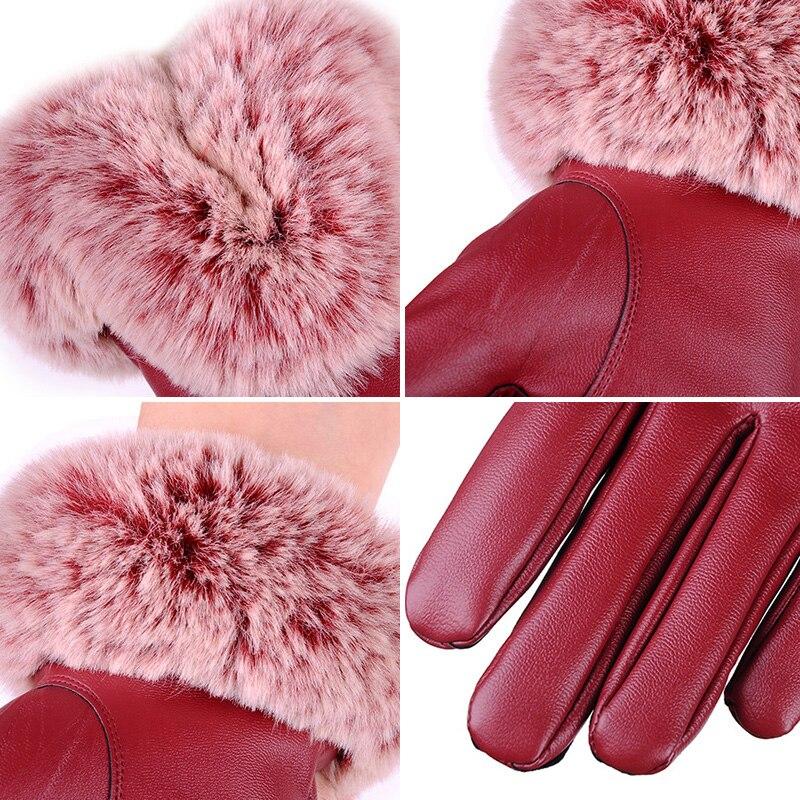 Women Winter Gloves Faux Rabbit Fur PU Leather Touch Screen Mittens Lady Female Outdoor Driving Warm Gloves