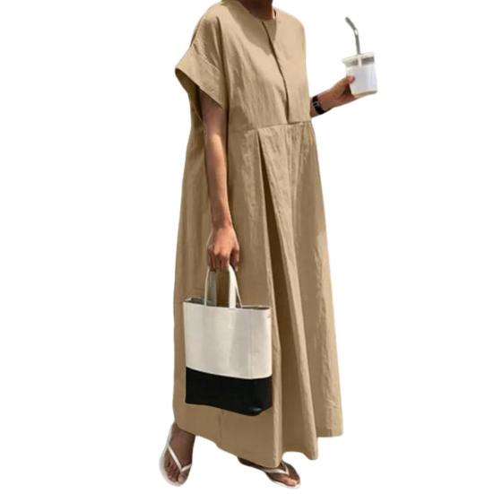 Летнее платье макси, свободное плиссированное платье с круглым вырезом и короткими рукавами, чистый цвет, большие размеры, повседневная одежда, женское платье макси