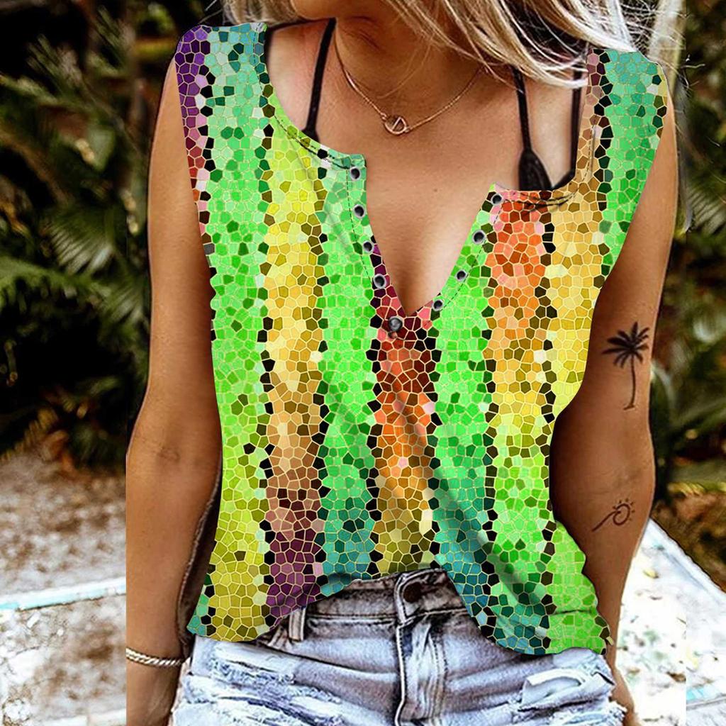 Женские майки, сексуальные летние топы без рукавов с v-образным вырезом, жилет с 3D разноцветным узором и принтом, крутые легкие топы