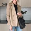 Women Coat Knitted Sleeves Patchwork Double-breasted Turn-down Collar Loose Suit Jacket Formal Business Style Sweater Coat