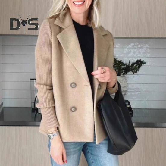 Women Coat Knitted Sleeves Patchwork Double-breasted Turn-down Collar Loose Suit Jacket Formal Business Style Sweater Coat
