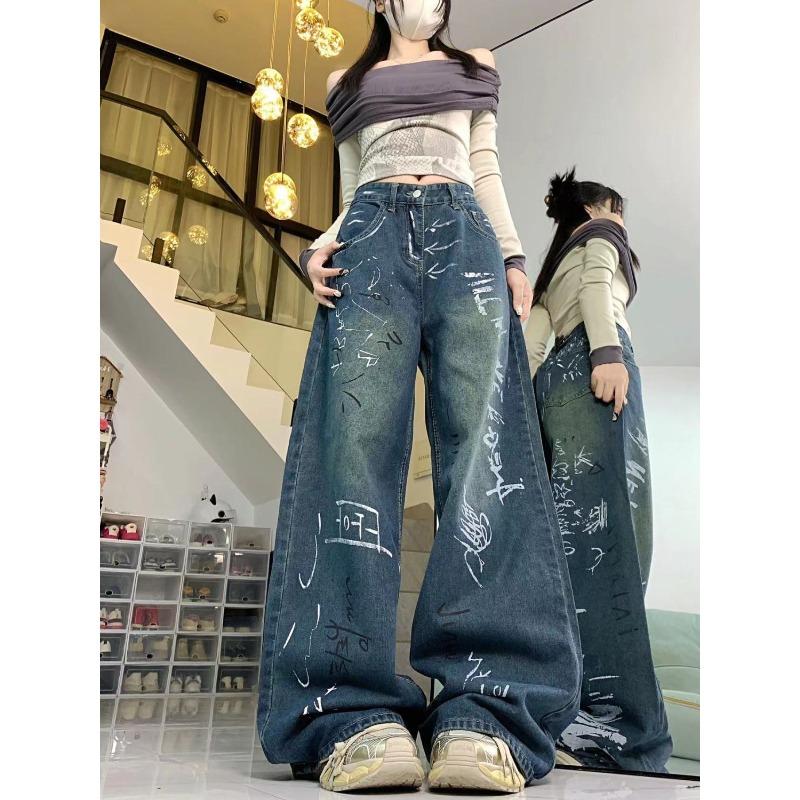 Граффити с принтом джинсы свободные прямые широкие брюки в уличном стиле женские длинные винтажные американские брюки Y2k с высокой талией