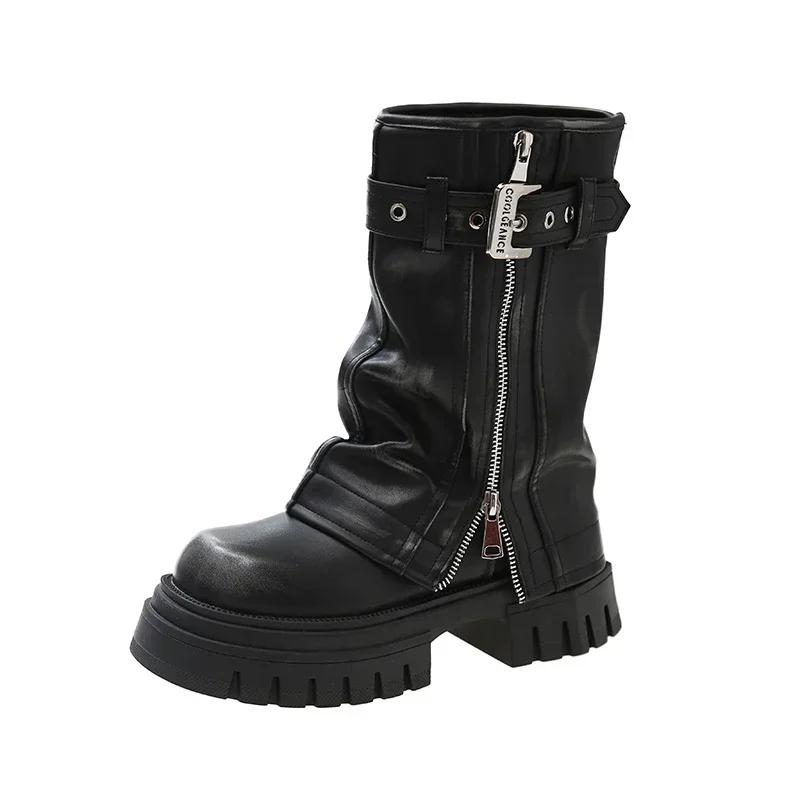 Shoes for Women Belt Buckle Women's Boot Fashion Side Zipp Modern Boots Women High Quality Round Toe Mid-Calf