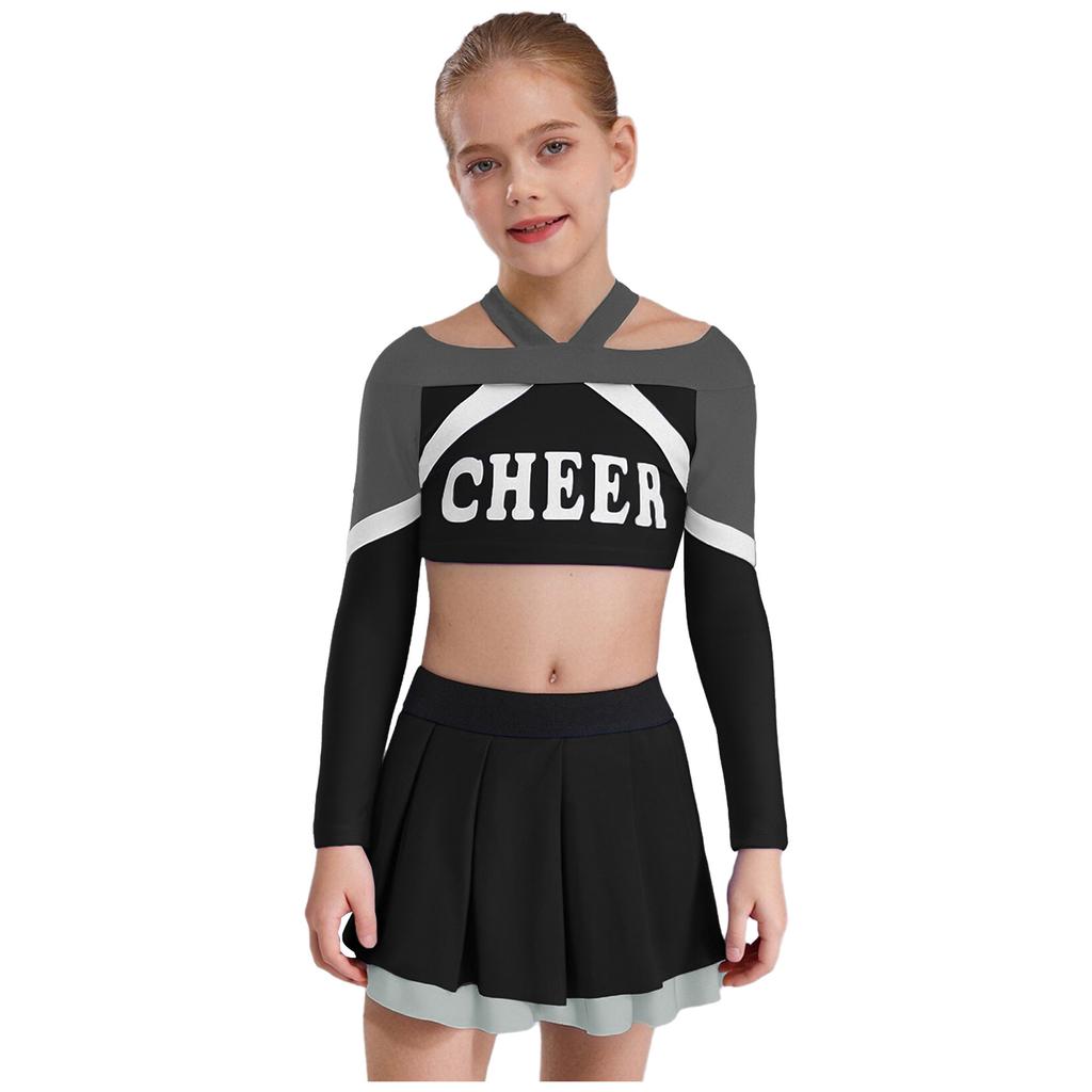 Girls Cheerleading Outfit Long Sleeve Letter Print Color Block Crop Top Pleated Skirt Set
