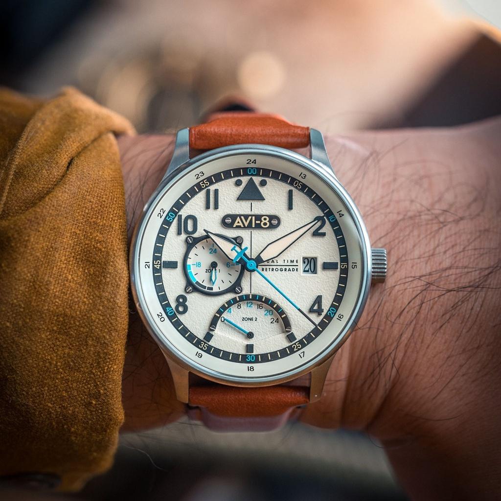 AVI-8 Hawker Hurricane Mckellar Dual Time коричневый бежевый кожаный ремешок кремовый циферблат AV-4101-0C кварцевые мужские часы с дополнительным ремешком