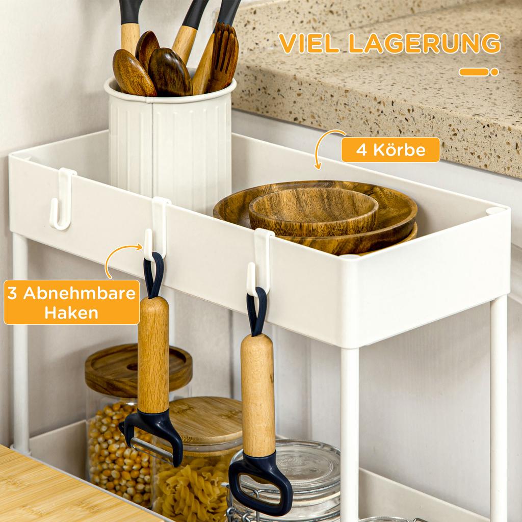 Kitchen Trolley, 4 Shelves, Hooks, Casters, 40x19x90 cm, White