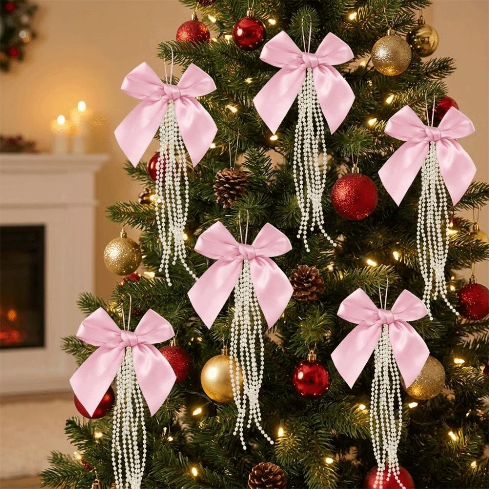 DIY Bowknot Pearl Hanging Pendant Ribbon Christmas Tree Topper New Year Gift