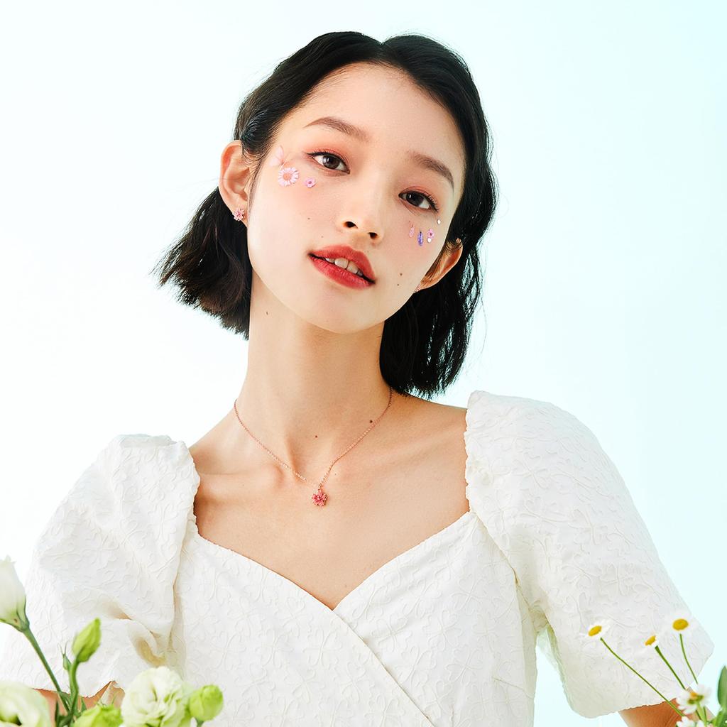 Necklace for Women Cute Pink Gold Cherry Blossom Double Structure 360 Degree Rotation High Quality Zirconia 18K Silver 925 Metal Hypoallergenic