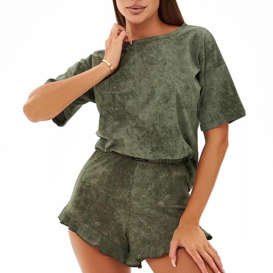 Летний зеленый пижамный комплект с принтом тай-дай, женская домашняя одежда, сексуальный повседневный свободный топ с коротким рукавом и шорты, комплект из 2 предметов, одежда для сна