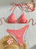 Exclusive for sexy high-split neck triangular cup split swimsuit contrasting corrugated printed bikini swimsuit