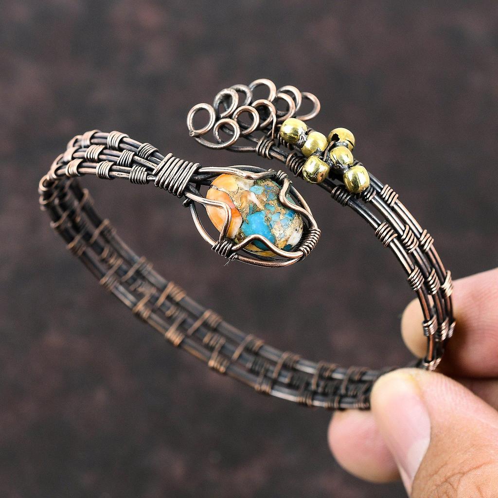 Колючая устрица медно-бирюзовый браслет-манжета, медная проволока, обернутая в ювелирные изделия, регулируемый браслет ручной работы, красивый браслет с драгоценными камнями, подарок для нее