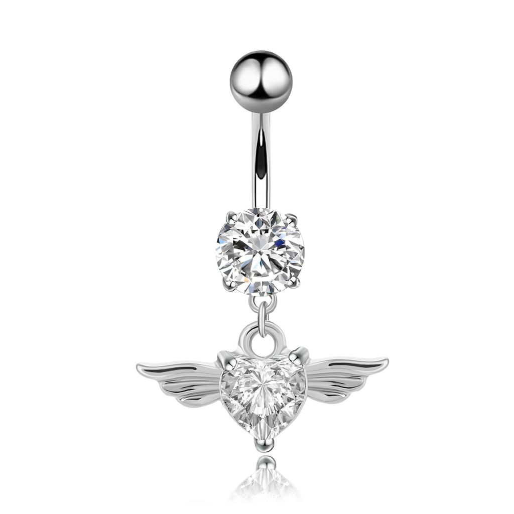 Angel Wing Feather Zircon Belly Ring with Heart-Shaped Diamond Buckle Piercing Jewelry