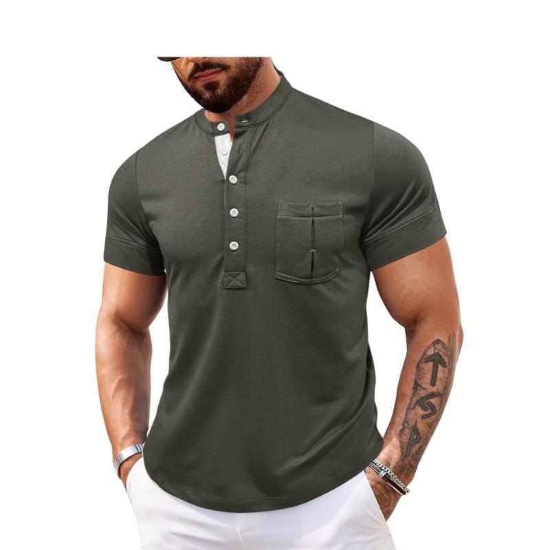 Men Black Stand Collar Henley Neck Short Sleeve T Shirt With Chest Pocket Casual Summer