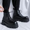 Boots Men's British Style Mid Top Leather Shoes Autumn and Winter Thick Soled Height Increasing Black Workwear Motorcycle Boots
