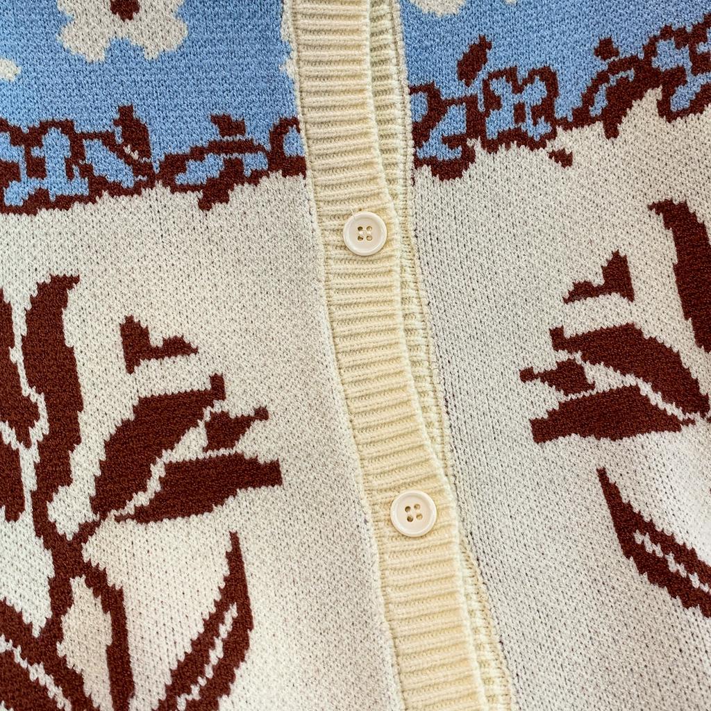 Autumn Winter Women Vintage Tulip Jacquard Knitted Sweater Two Piece Set Single Breasted Cardigans and Mini Pleated Skirt Outfits