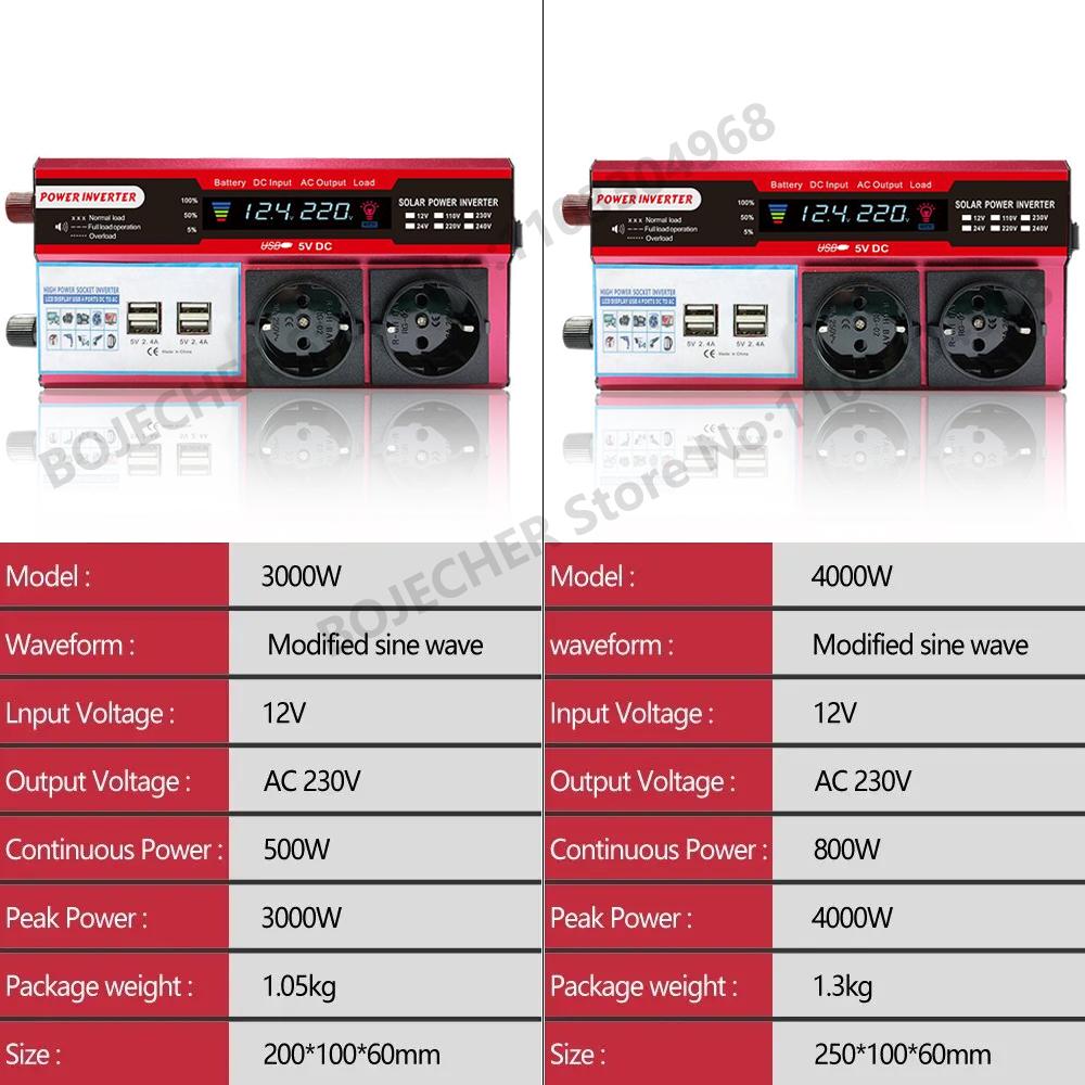12 В в 220 В 4000 Вт 3000 Вт Инвертор мощности ЖК-дисплей ЕС розетка Солнечный инвертор преобразователь Dual USB Быстрая зарядка для телефона ноутбука автомобиля